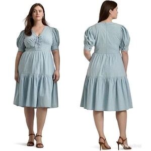 NWT Lauren Ralph Lauren Chambray Puff-Sleeve Dress Cotton Whimsical Size 22W/22+
